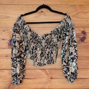 Free People Feminine Puff Sleeve Smocked Wrap Front Top XS